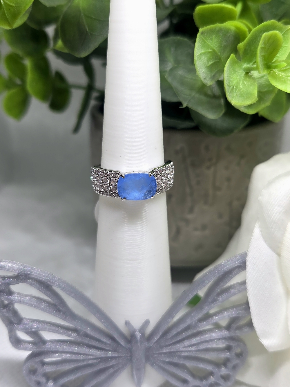 Sterling Silver Pavé Ring with Oval Blue Stone